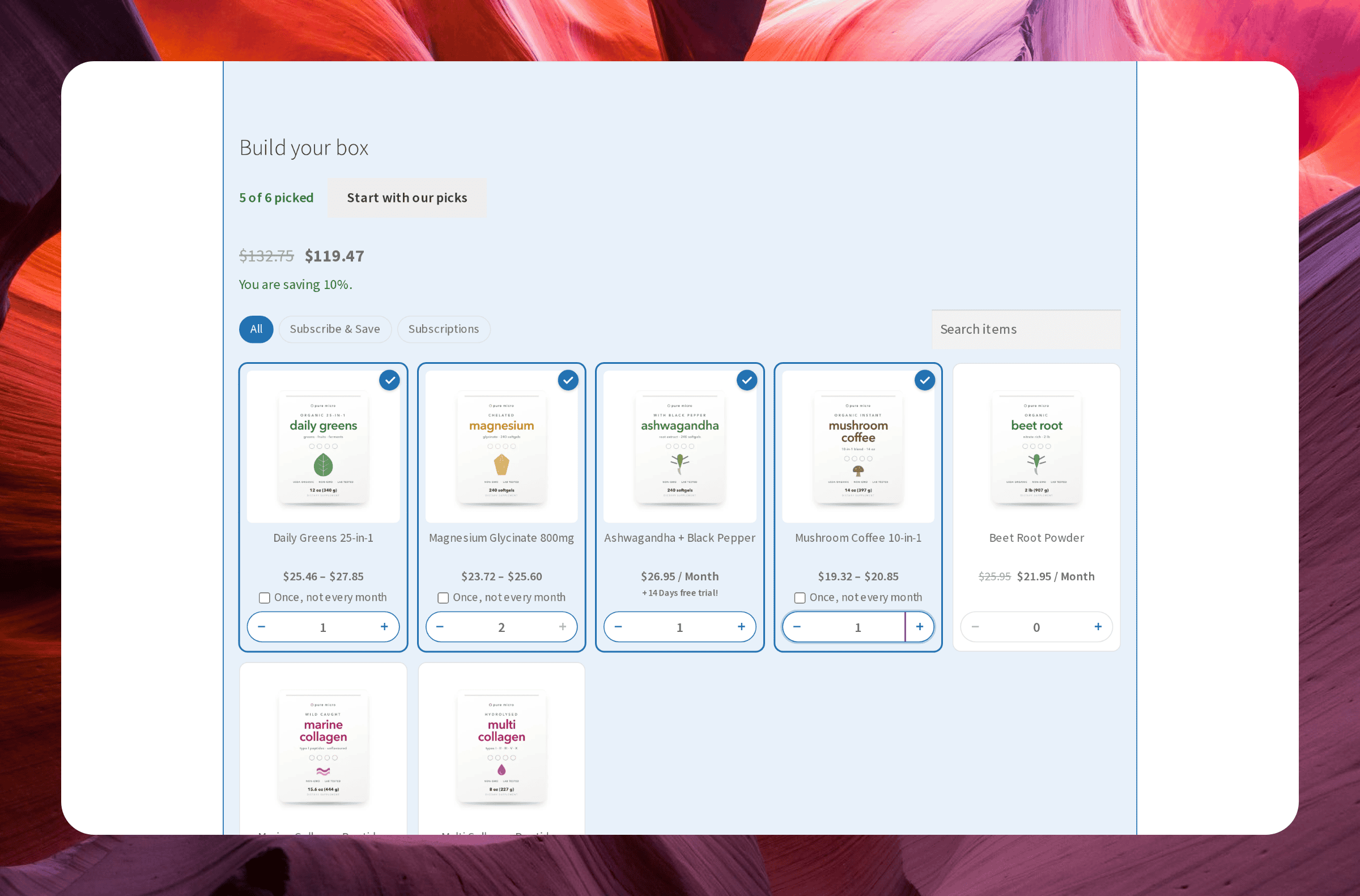 Screenshot of the box builder with five items picked, the original price struck through and a ten percent saving shown