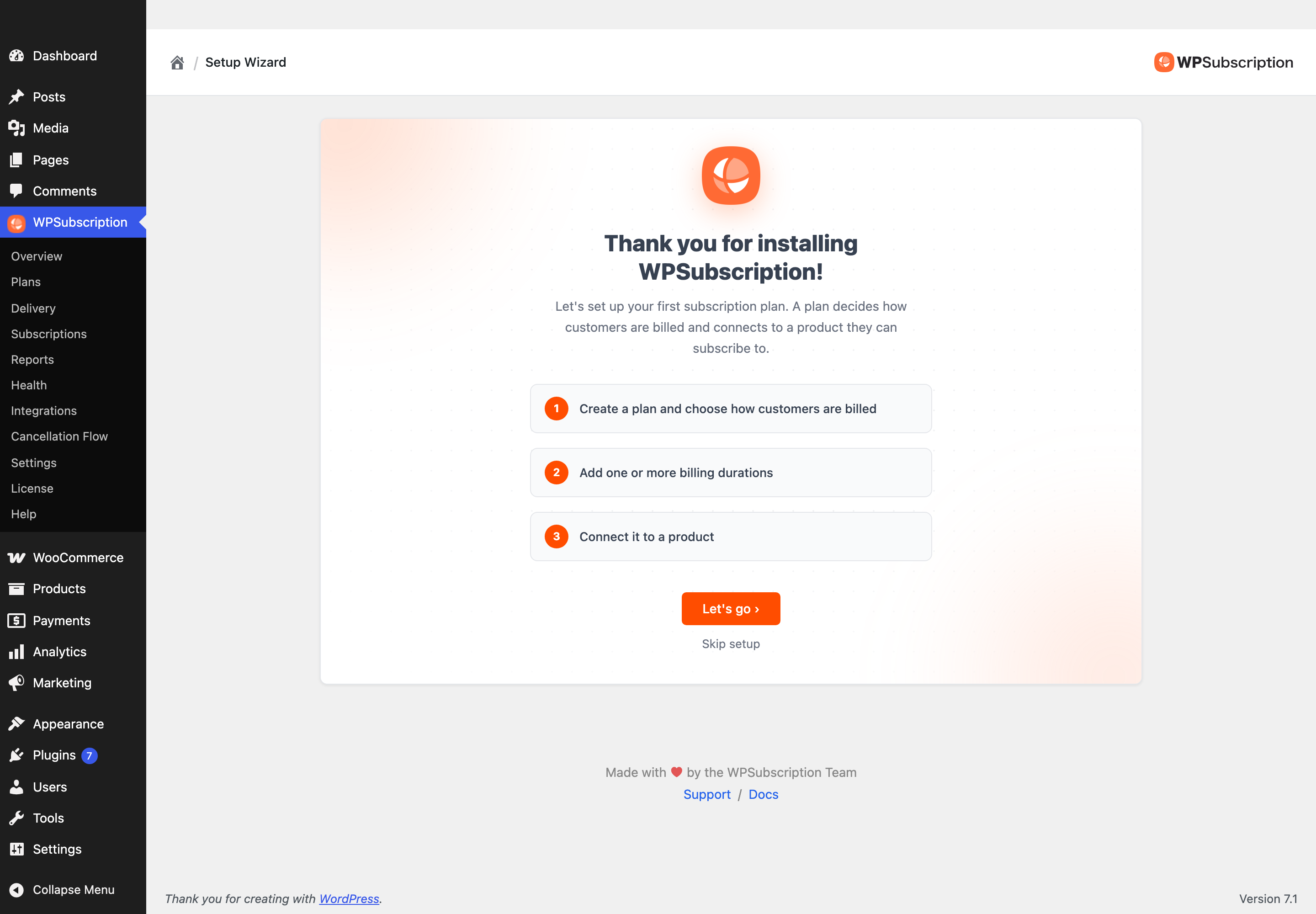Screenshot of the WPSubscription setup wizard welcome screen listing its three steps