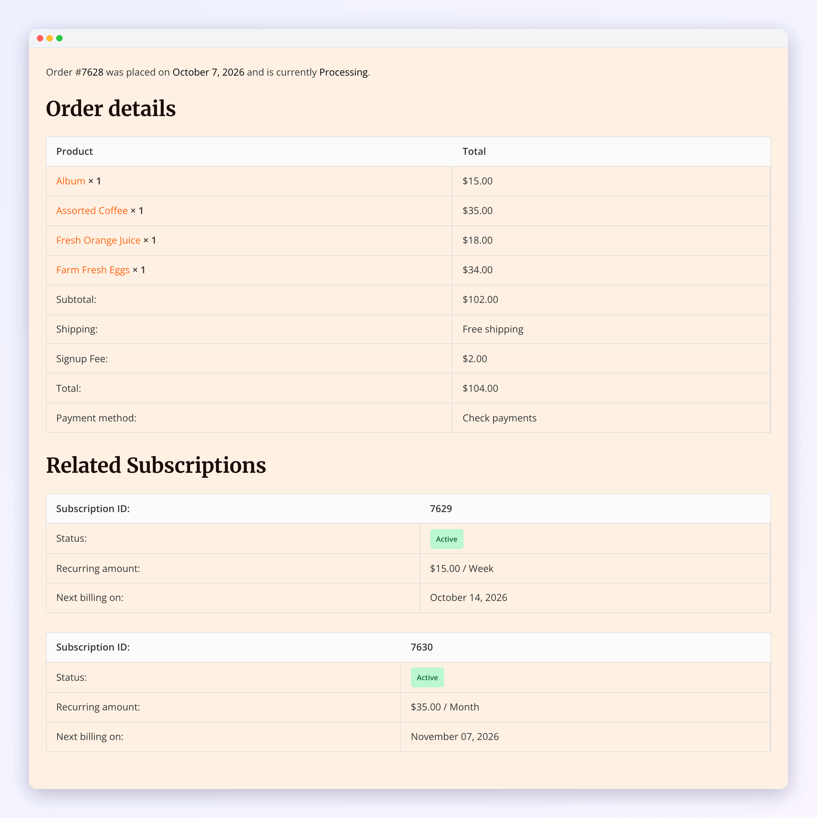 Screenshot of the order page listing two subscription products and two regular products, followed by two related subscriptions, both active