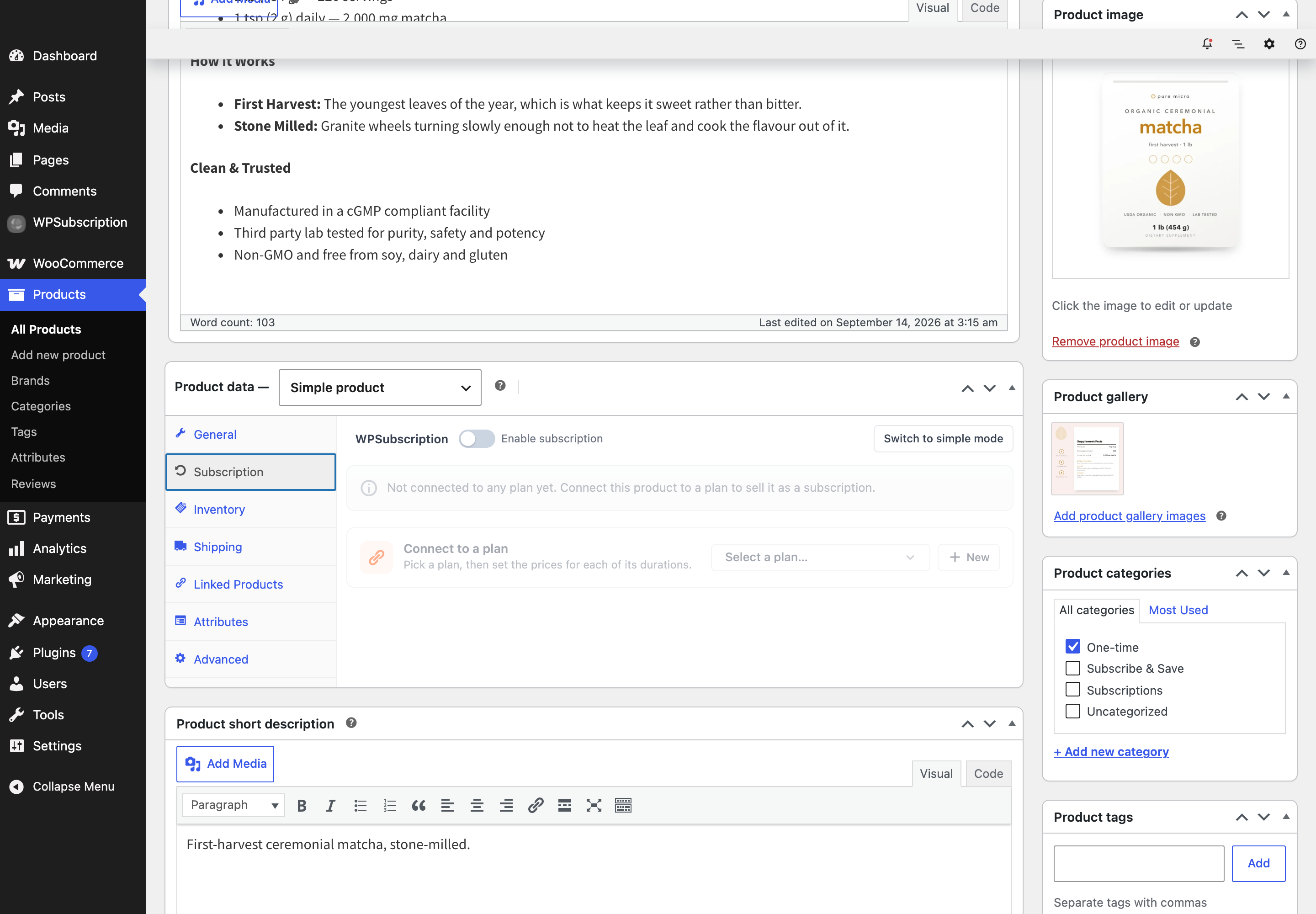Screenshot of the WooCommerce product editor with the Product data panel and a Subscription tab in its sidebar