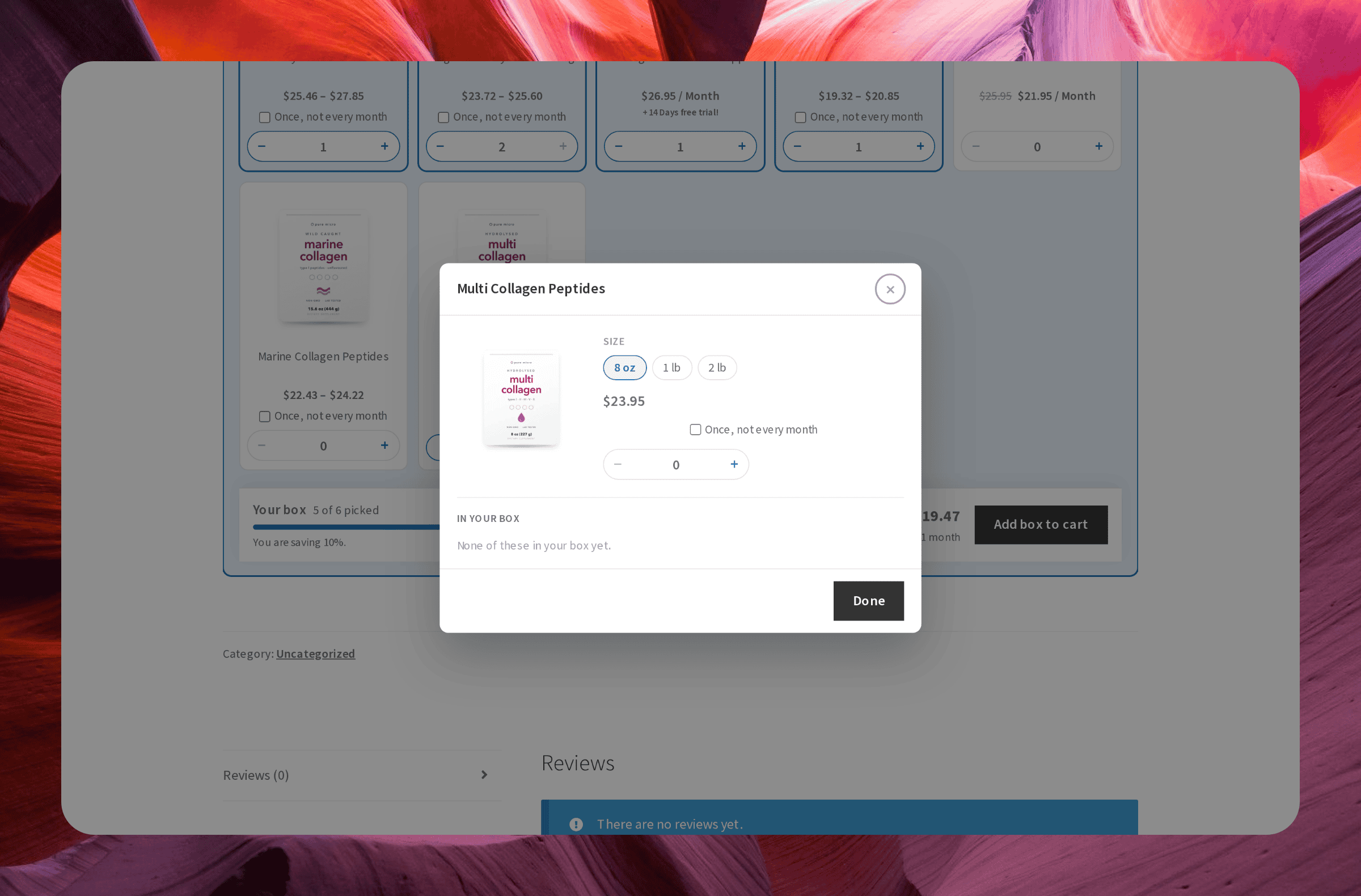 Screenshot of the Choose options window for Multi Collagen Peptides with 8 oz, 1 lb and 2 lb chips and a quantity stepper