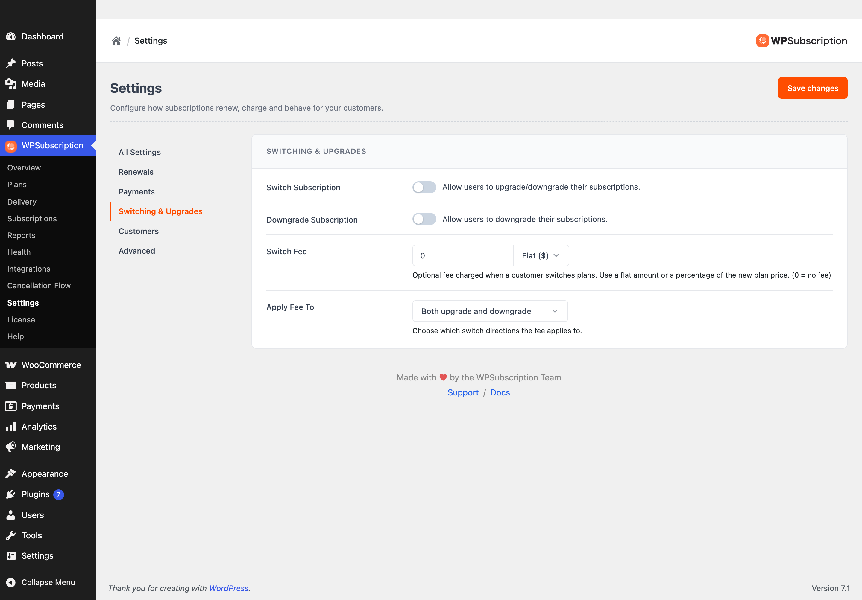Screenshot of the Switching and Upgrades section of WPSubscription settings