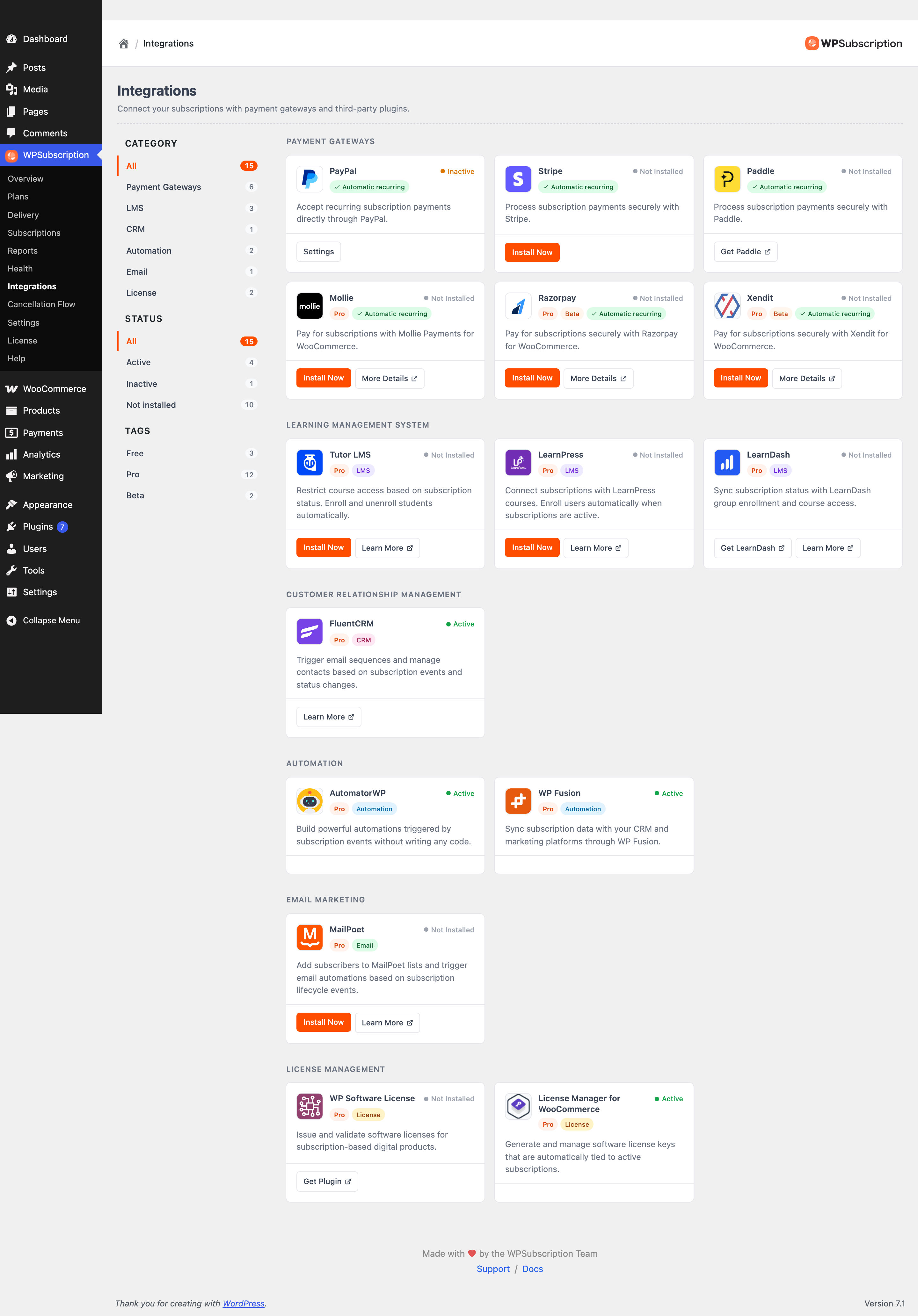 Screenshot of the WPSubscription Integrations screen with filters on the left and integration cards grouped by category