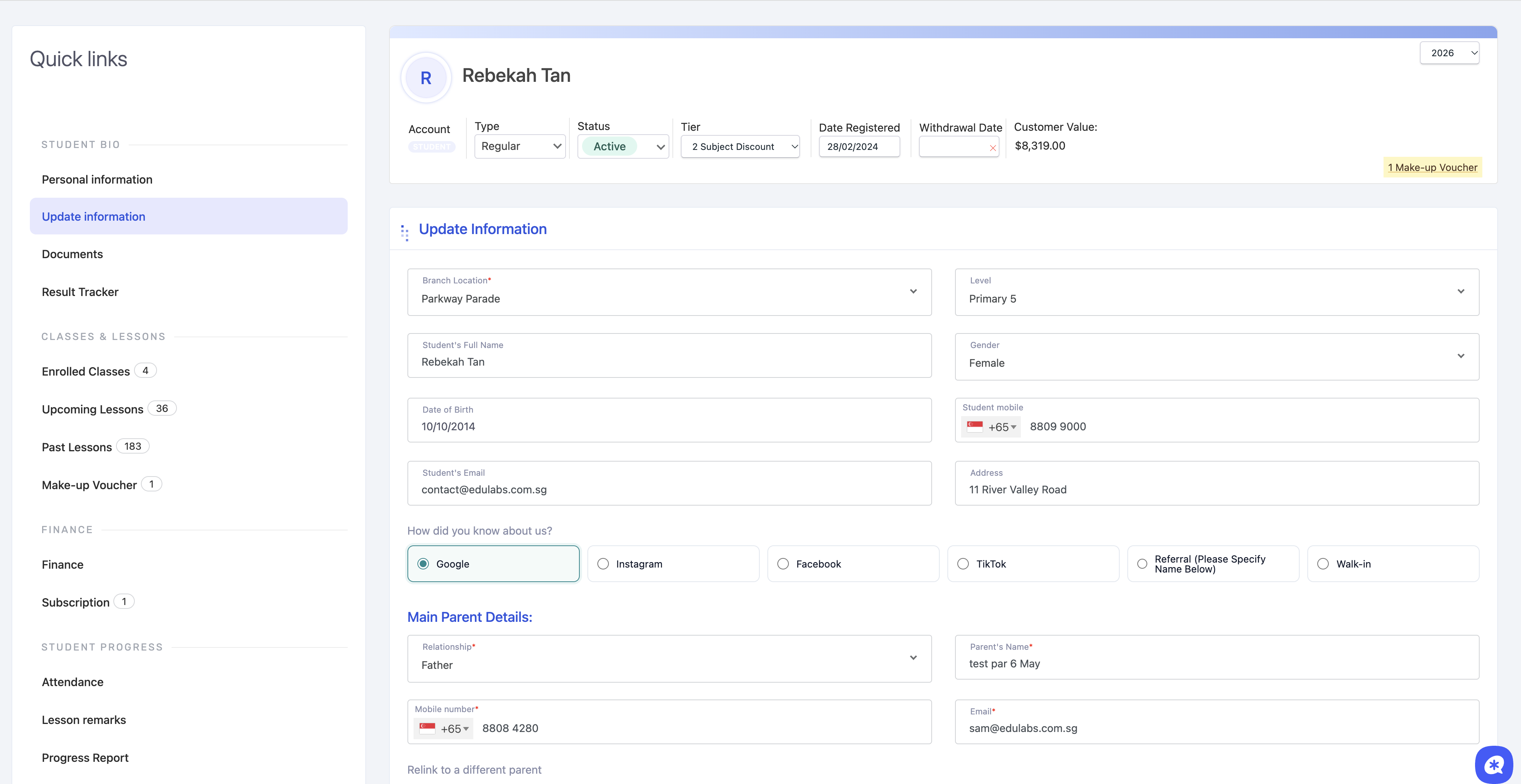 Update information: the editable form, with the main parent and the relink dropdown.