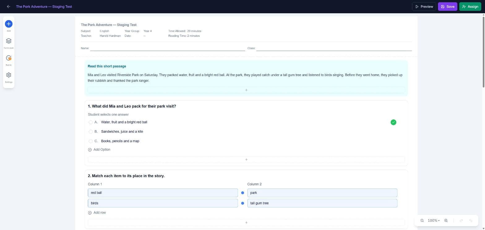 The Assign button at the top right of the Assessment Builder