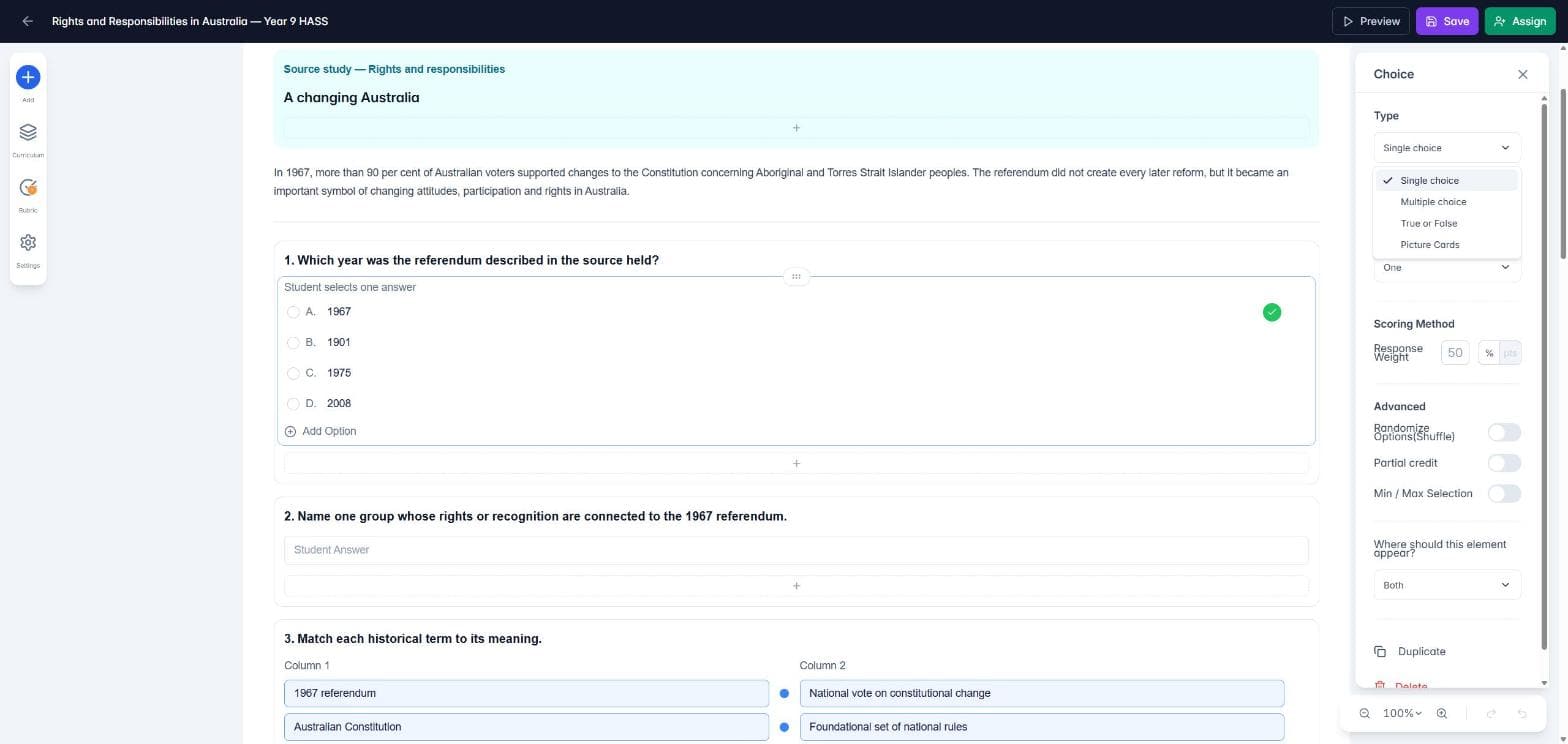 The Choice settings panel with the Type options open