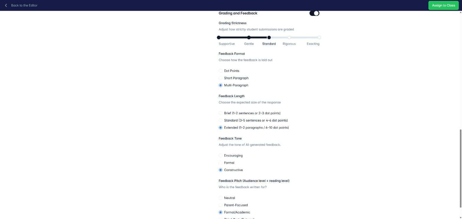 The Grading and Feedback settings on the Deliver to Student screen