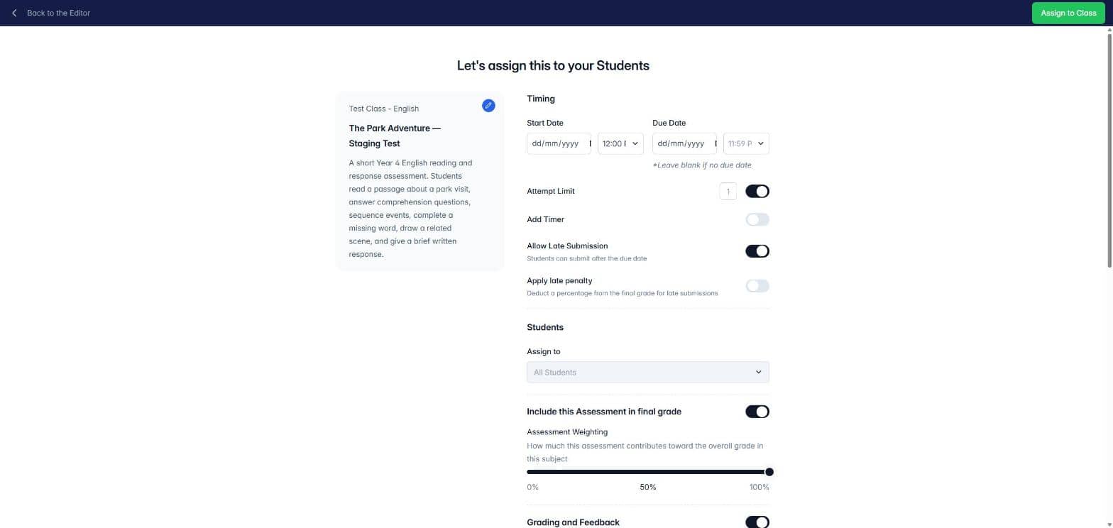 The Deliver to Student screen with Timing, Students and final grade settings