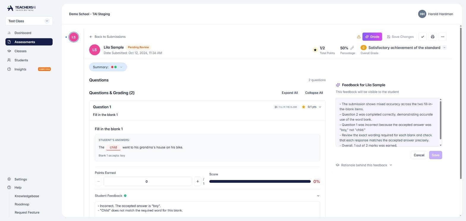 The grading page, where you check AI marks and refine the overall feedback