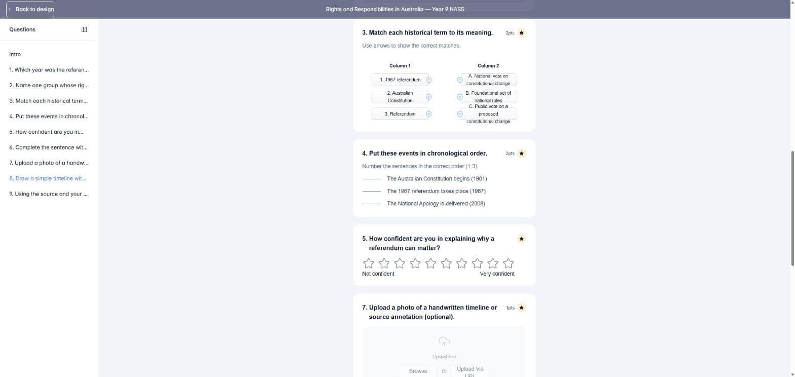 What students see: Matching, Sort, Rating and File upload responses in Preview