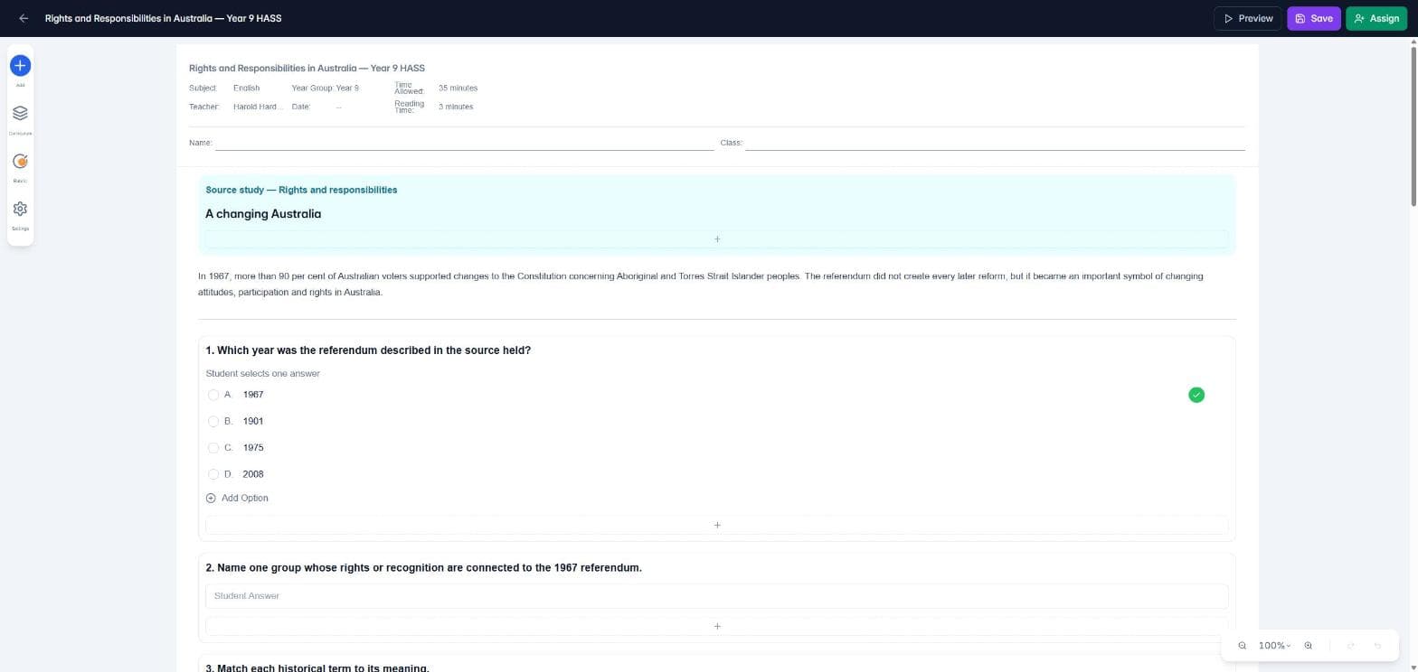 The Assessment Builder with a section, text and a Choice question