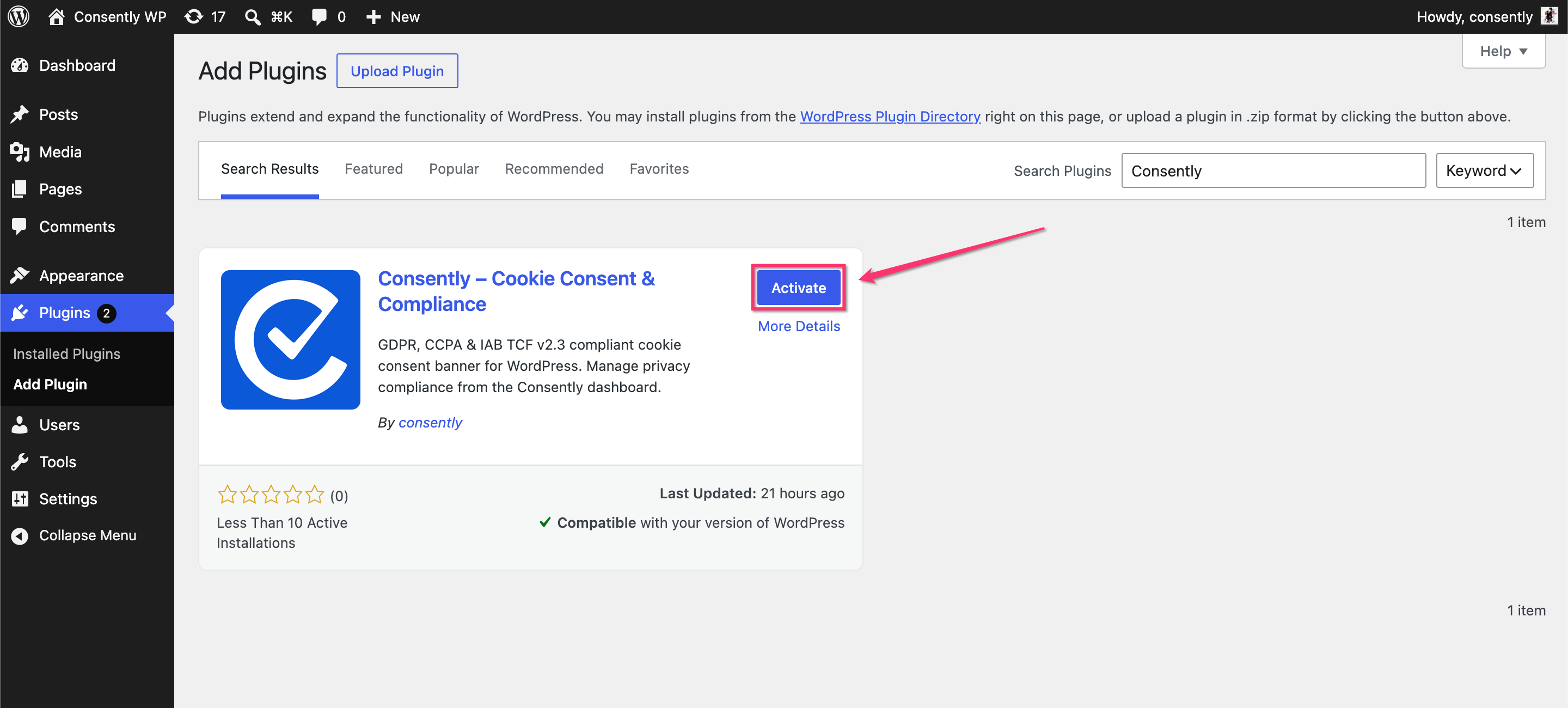 Add Plugins ‹ Consently WP — WordPress 2026-07-14 at 3.14.40 PM.png