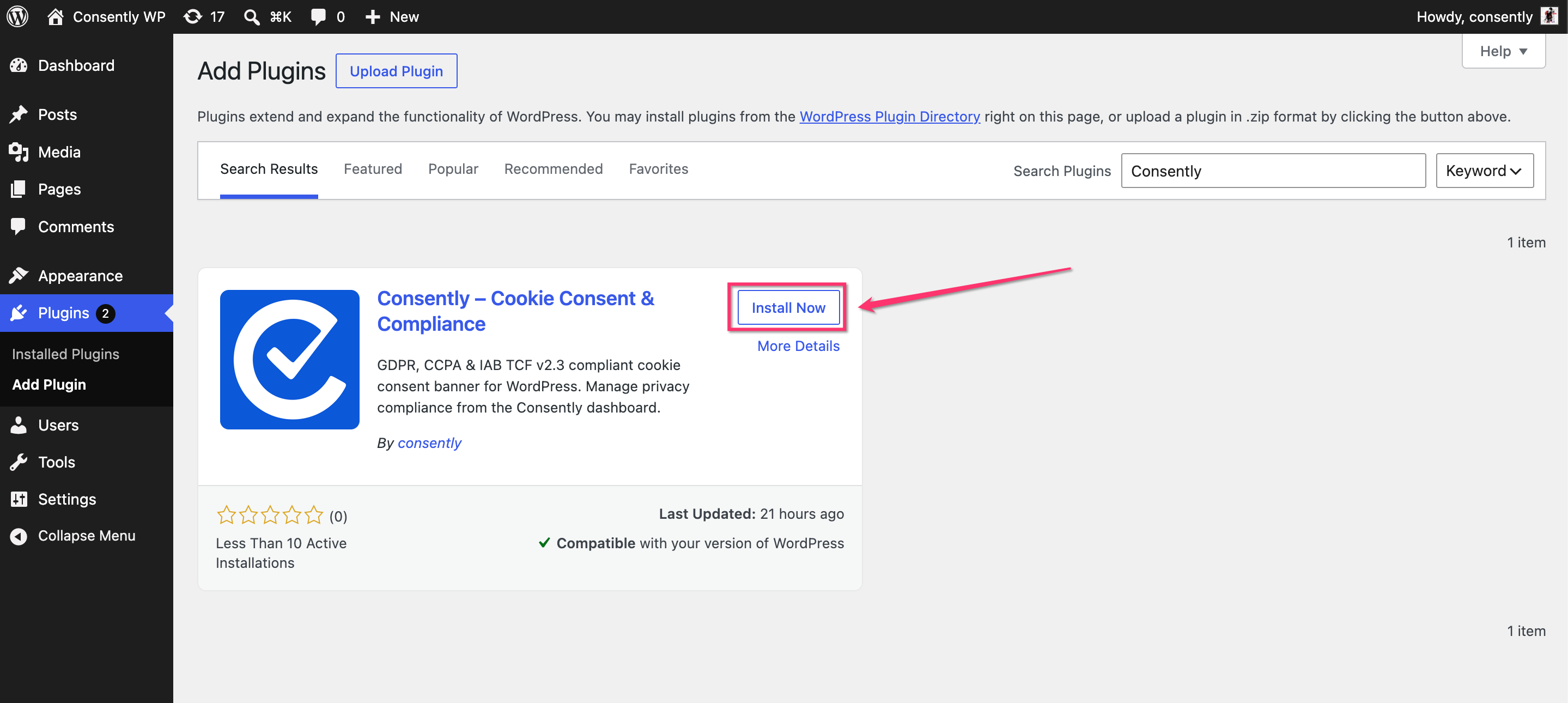 Add Plugins ‹ Consently WP — WordPress 2026-07-14 at 3.13.21 PM.png