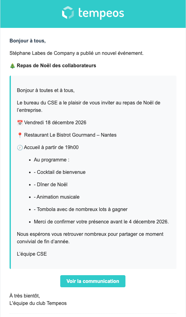 Email de notification reçu par les salariés lors d'un événement