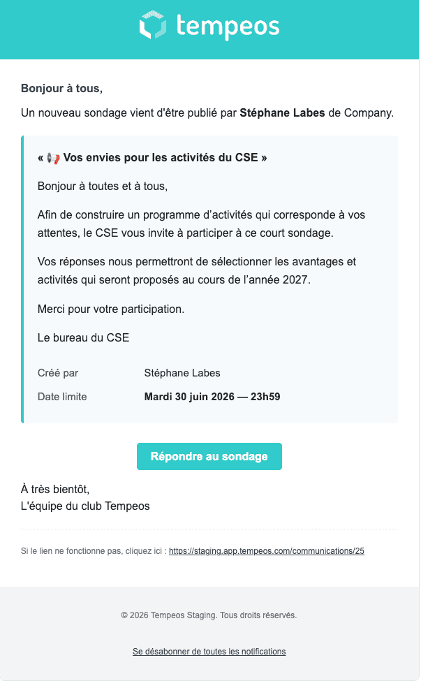 Email d'invitation au sondage avec le bouton Répondre au sondage