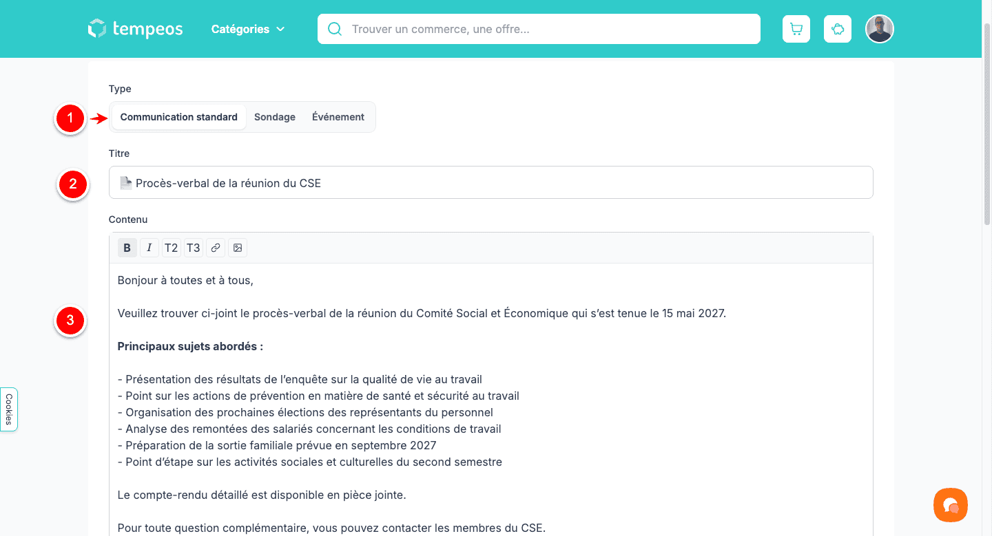 Formulaire : type Communication standard, champ Titre, éditeur de contenu