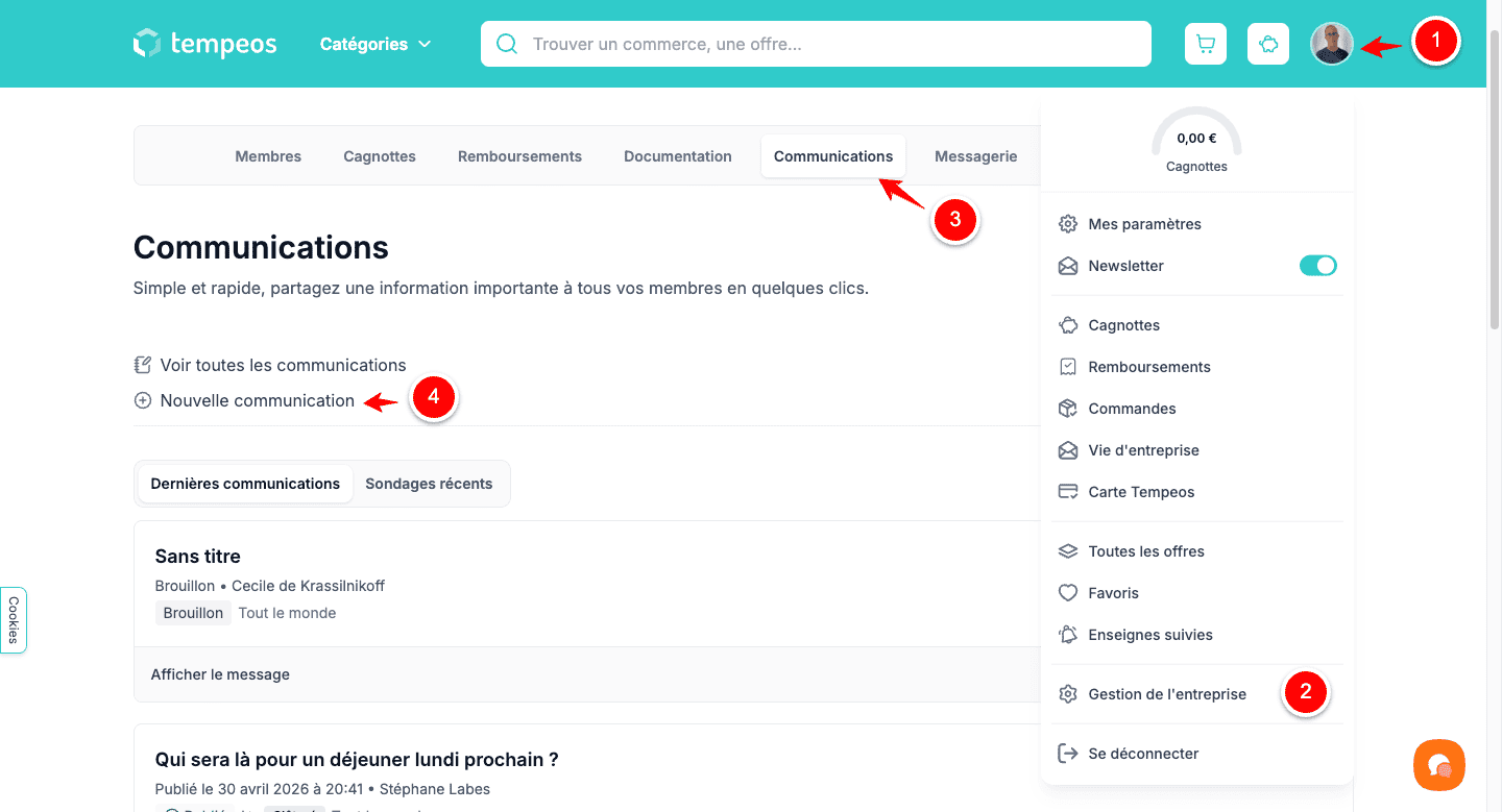 Menu d'accès : photo de profil, Gestion de l'entreprise, onglet Communications, Nouvelle communication