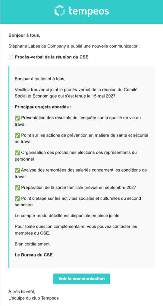 Email de notification reçu par les salariés lors d'une communication