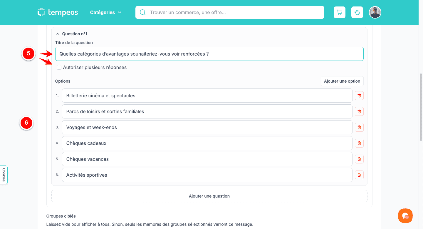 Question : Titre de la question, case Autoriser plusieurs réponses, liste des options
