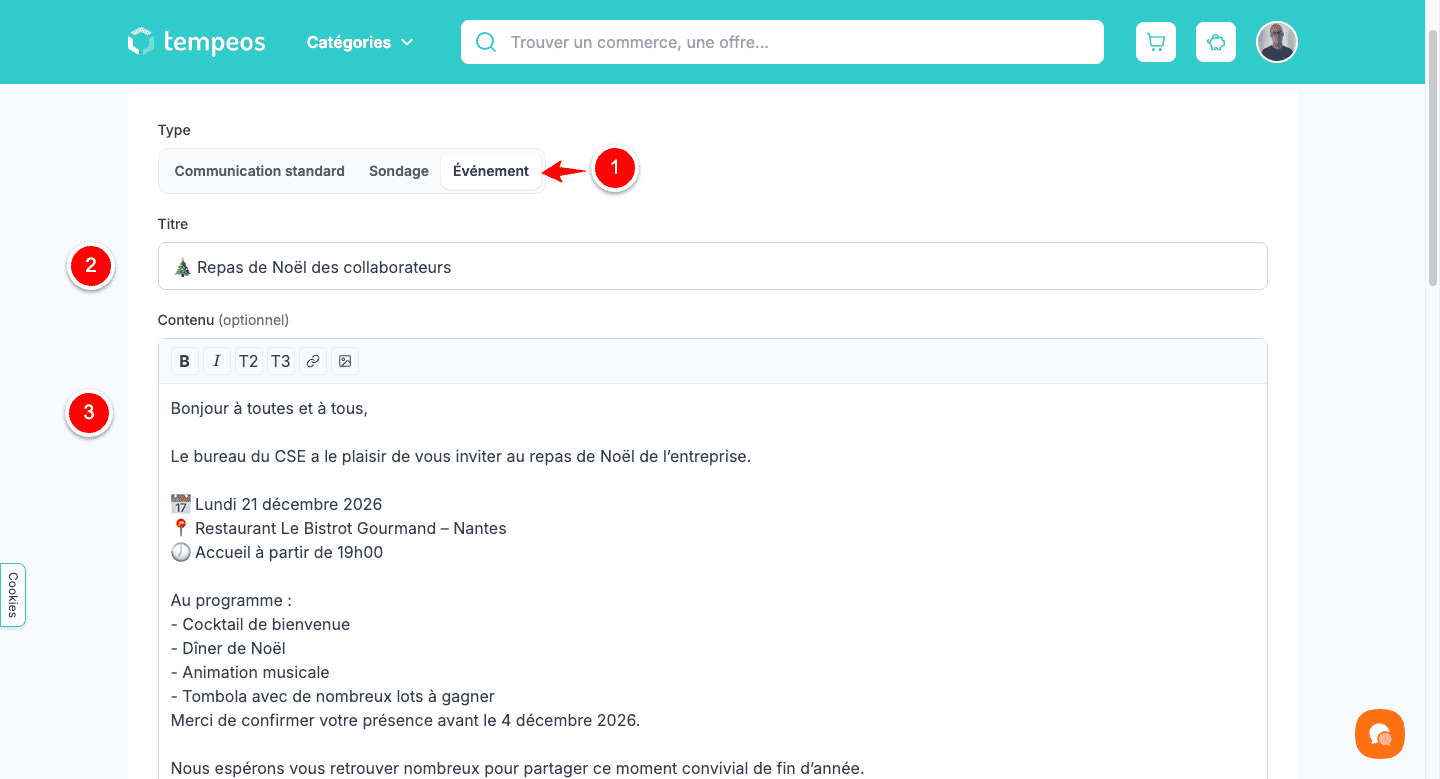 Formulaire : type Événement, Titre, éditeur de contenu