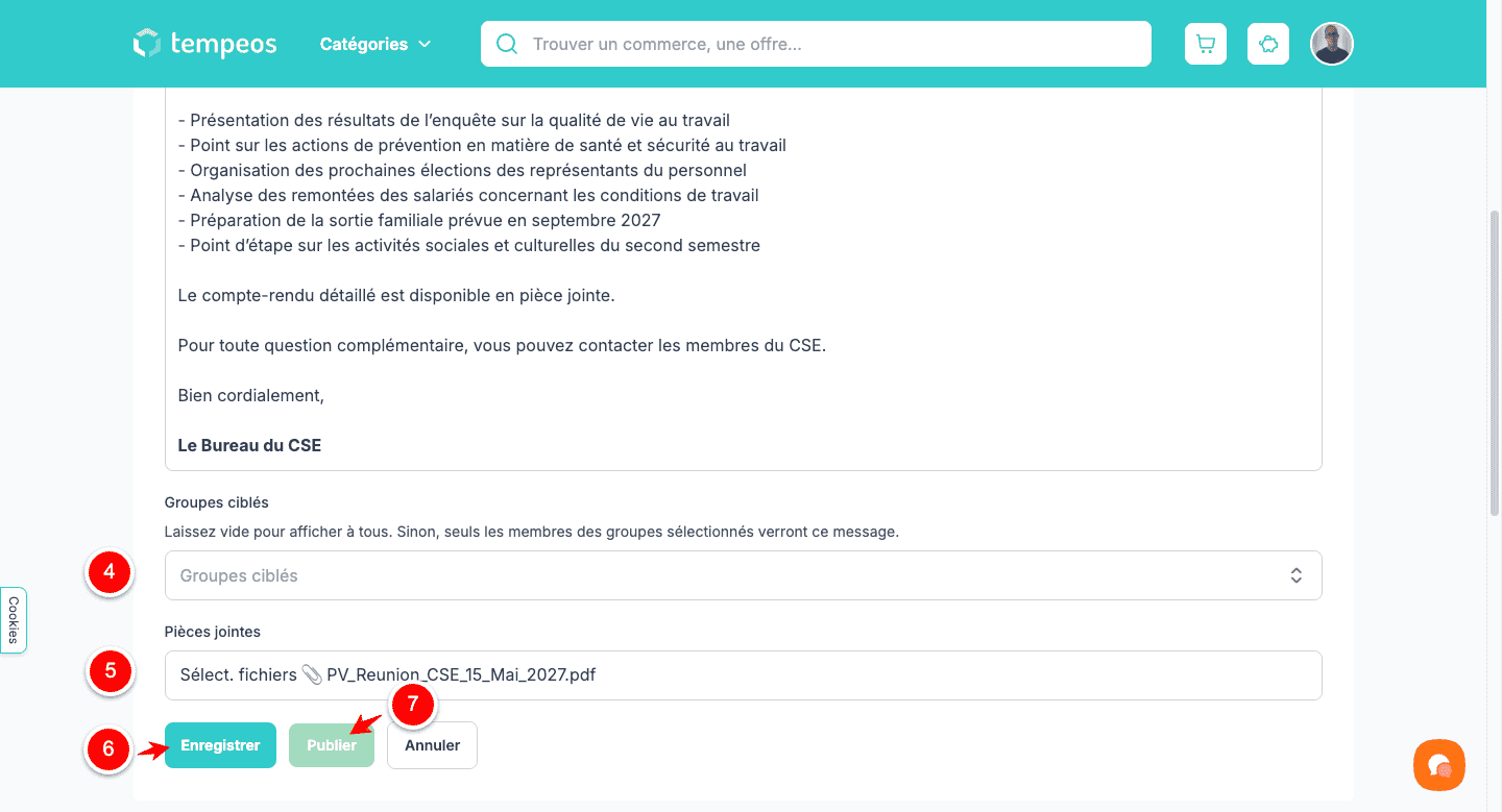 Formulaire : Groupes ciblés, Pièces jointes, boutons Enregistrer, Publier, Annuler